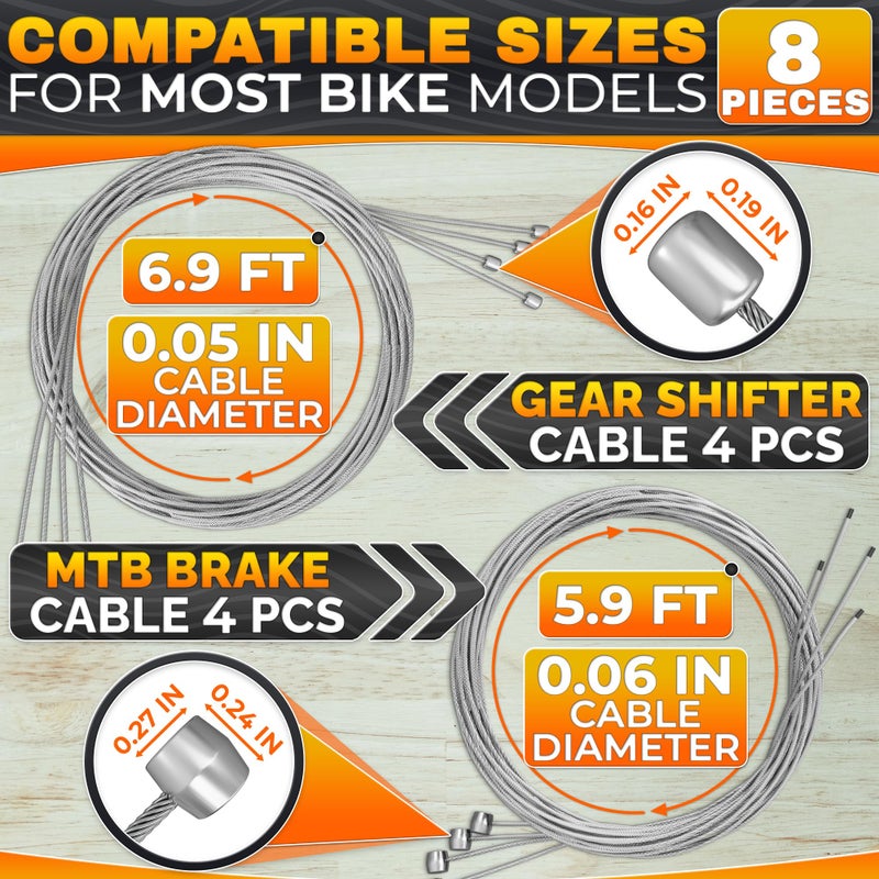 AZZORI 8 Pcs Bike Cable Kit - Bike Brake Cable With 4 Brake Lines & 4 Shifter Lines, Easy Fit Stainless Steel Cables 38-Item Set - Corrosion-Resistant for Smooth Braking & Shifting on Road & Mountain Bikes - Image 2
